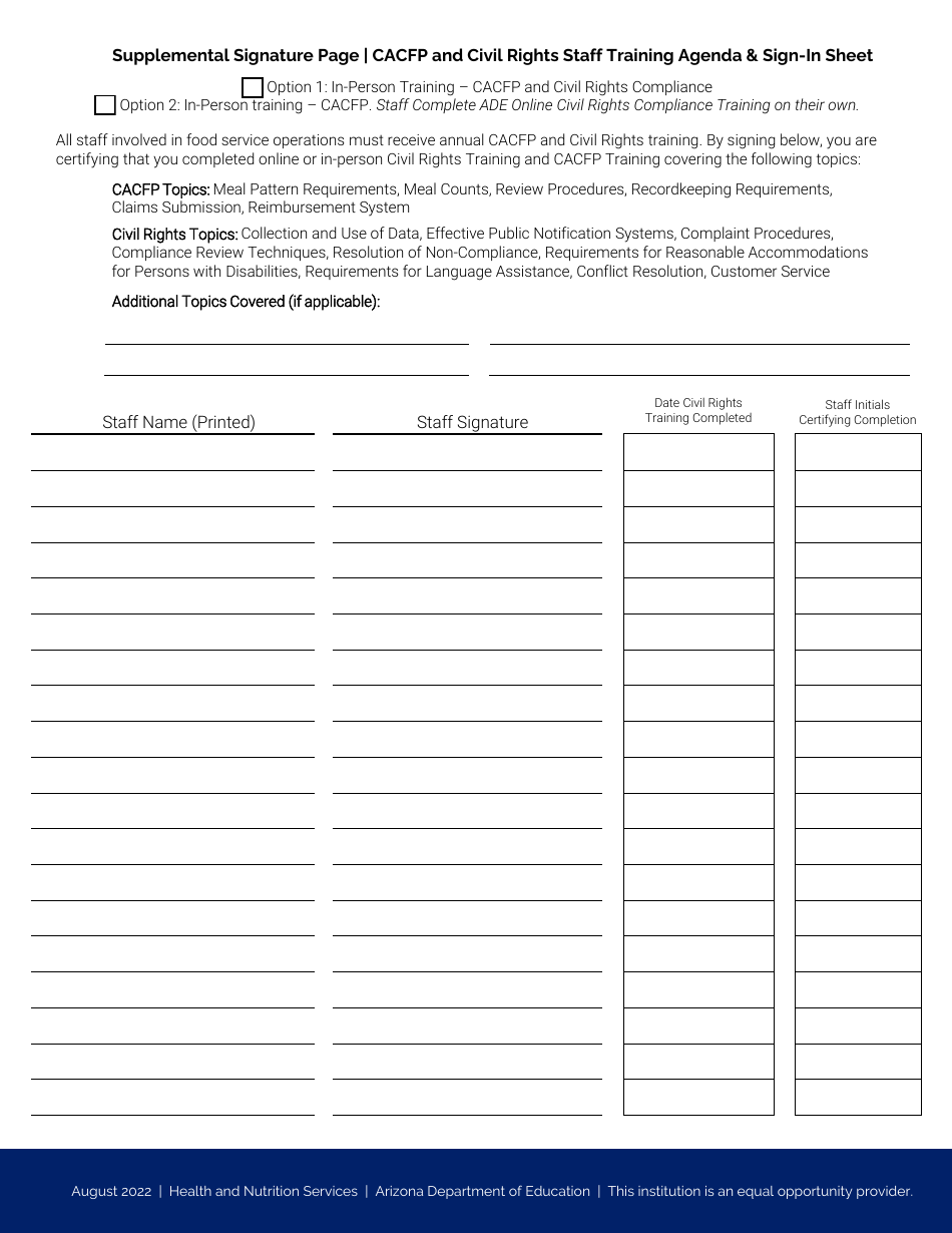 Annual CACFP and Civil Rights Training Agenda  Sign-In Sheet - Arizona, Page 2