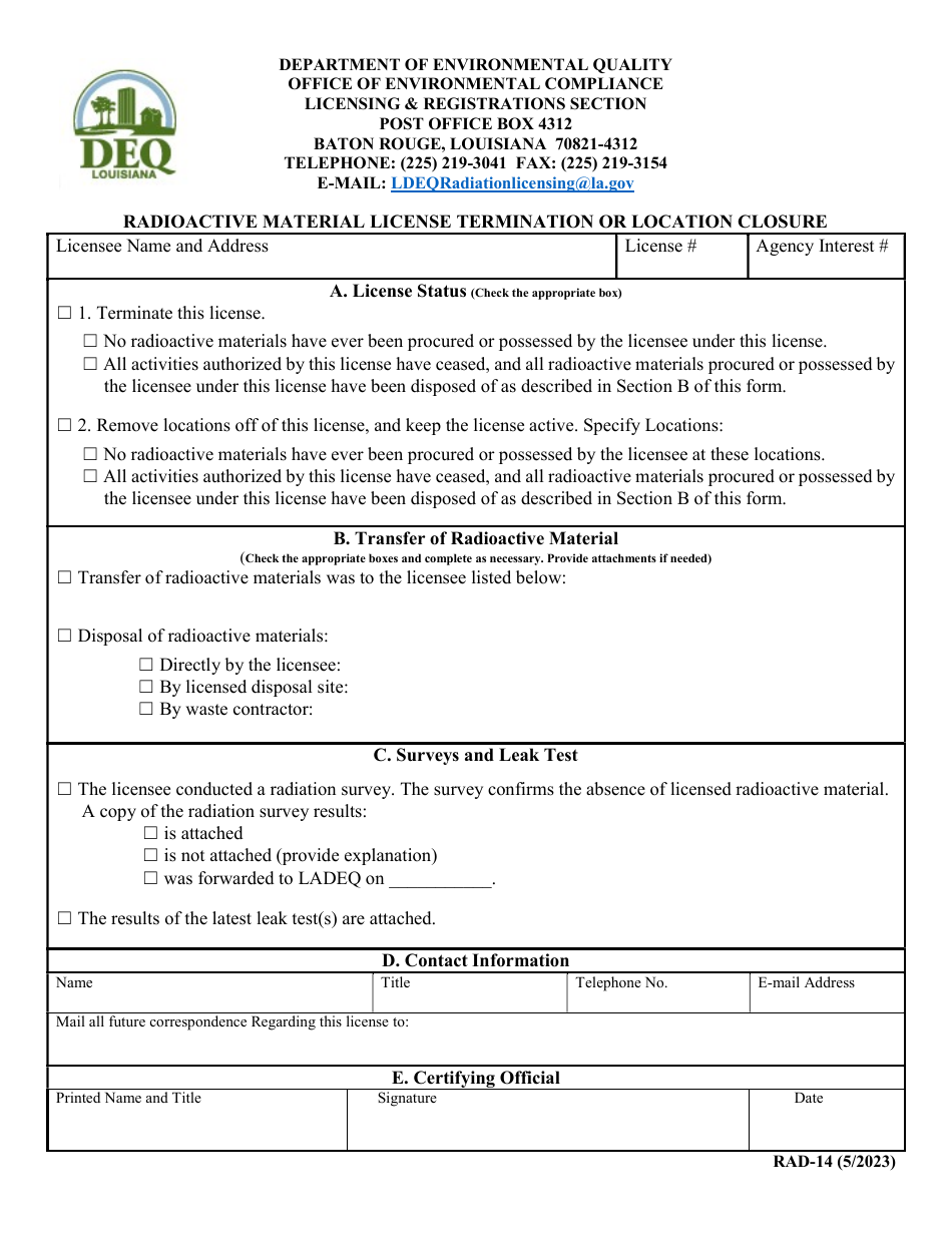 Form RAD-14 Radioactive Material License Termination or Location Closure - Louisiana, Page 1