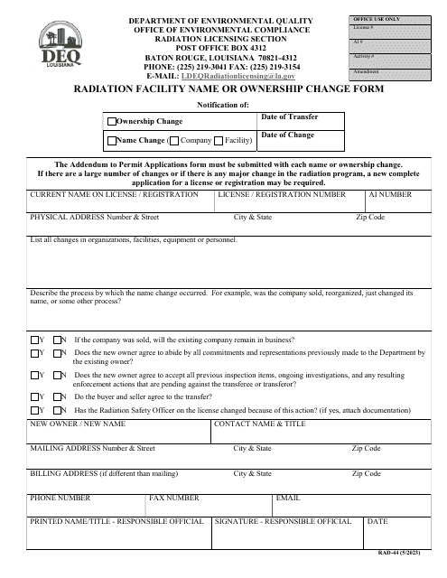 Form RAD-44 Radiation Facility Name or Ownership Change Form - Louisiana