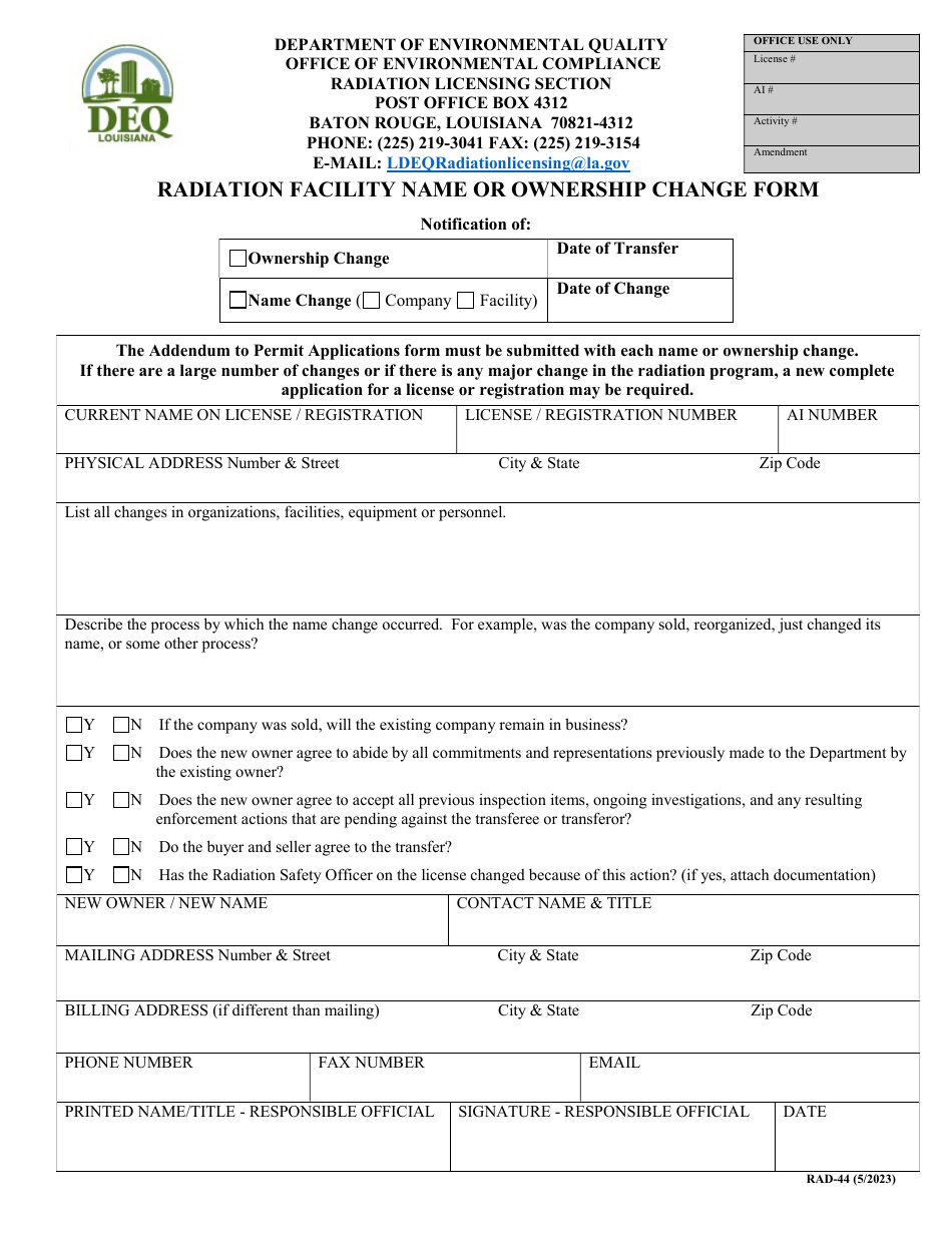 Form RAD-44 Radiation Facility Name or Ownership Change Form - Louisiana, Page 1