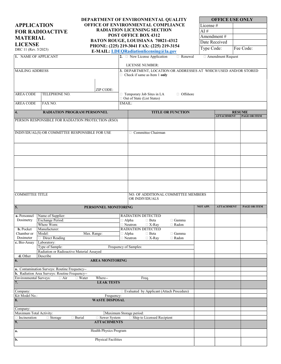 Form DRC11 Application for Radioactive Material License - Louisiana, Page 1