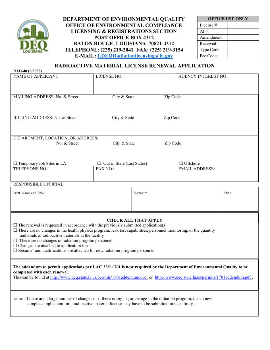 Form RAD-40 Radioactive Material License Renewal Application - Louisiana, Page 1