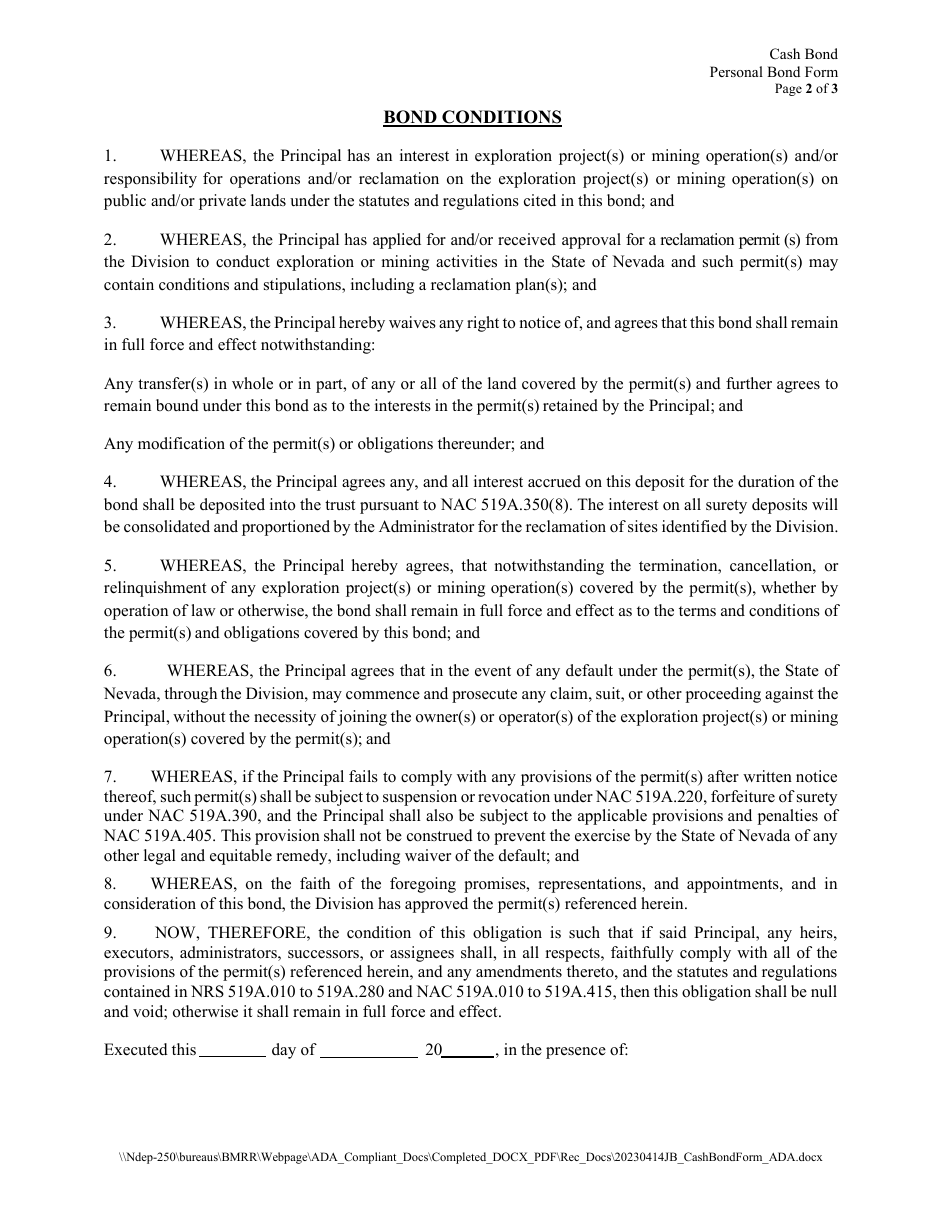 Cash Bond Reclamation Personal Bond - Nevada, Page 2