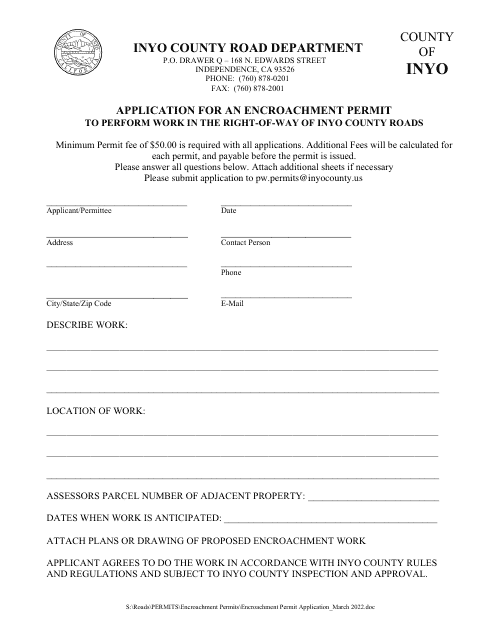 Application for an Encroachment Permit to Perform Work in the Right-Of-Way of Inyo County Roads - Inyo County, California Download Pdf