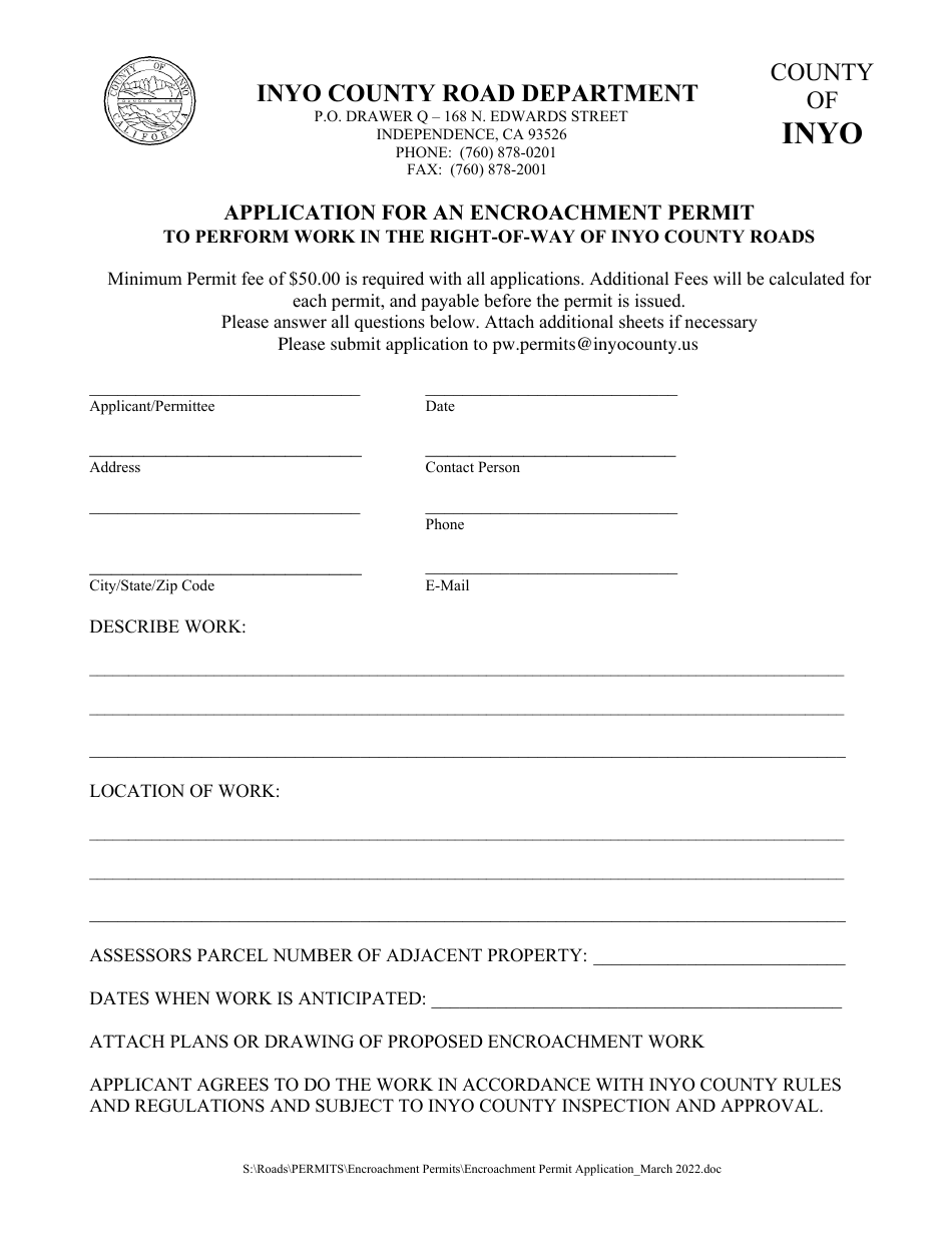 Inyo County, California Application for an Encroachment Permit to