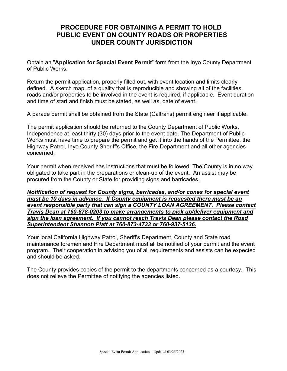Application for a Special Event Permit - Inyo County, California, Page 3