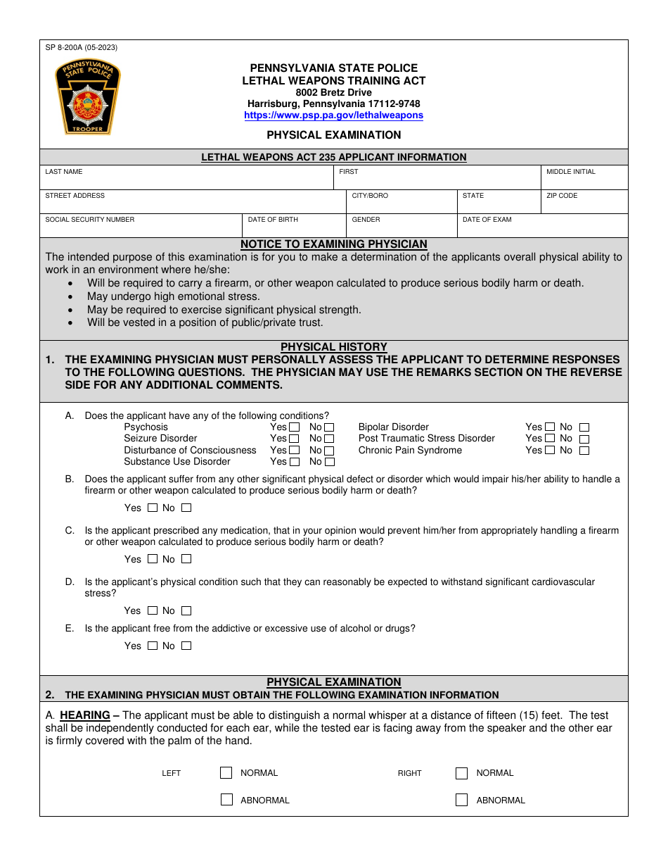 Form SP8-200A Physical Examination - Pennsylvania, Page 1