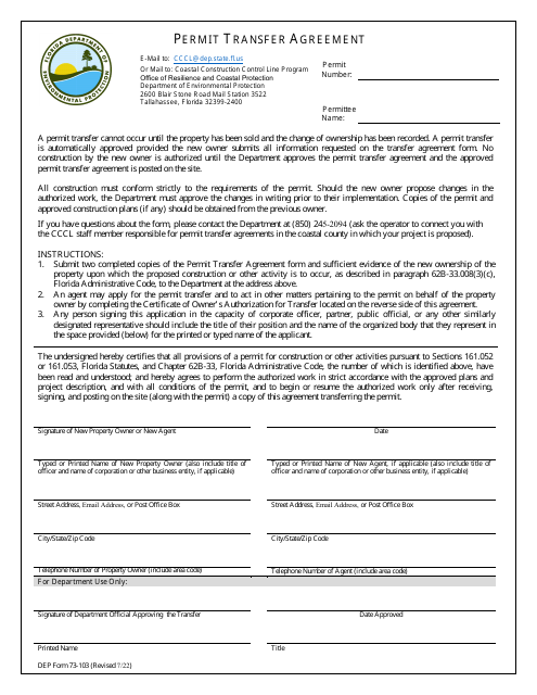 DEP Form 73-103 Permit Transfer Agreement - Florida