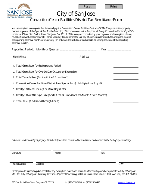 Convention Center Facilities District Tax Remittance Form - City of San Jose, California Download Pdf