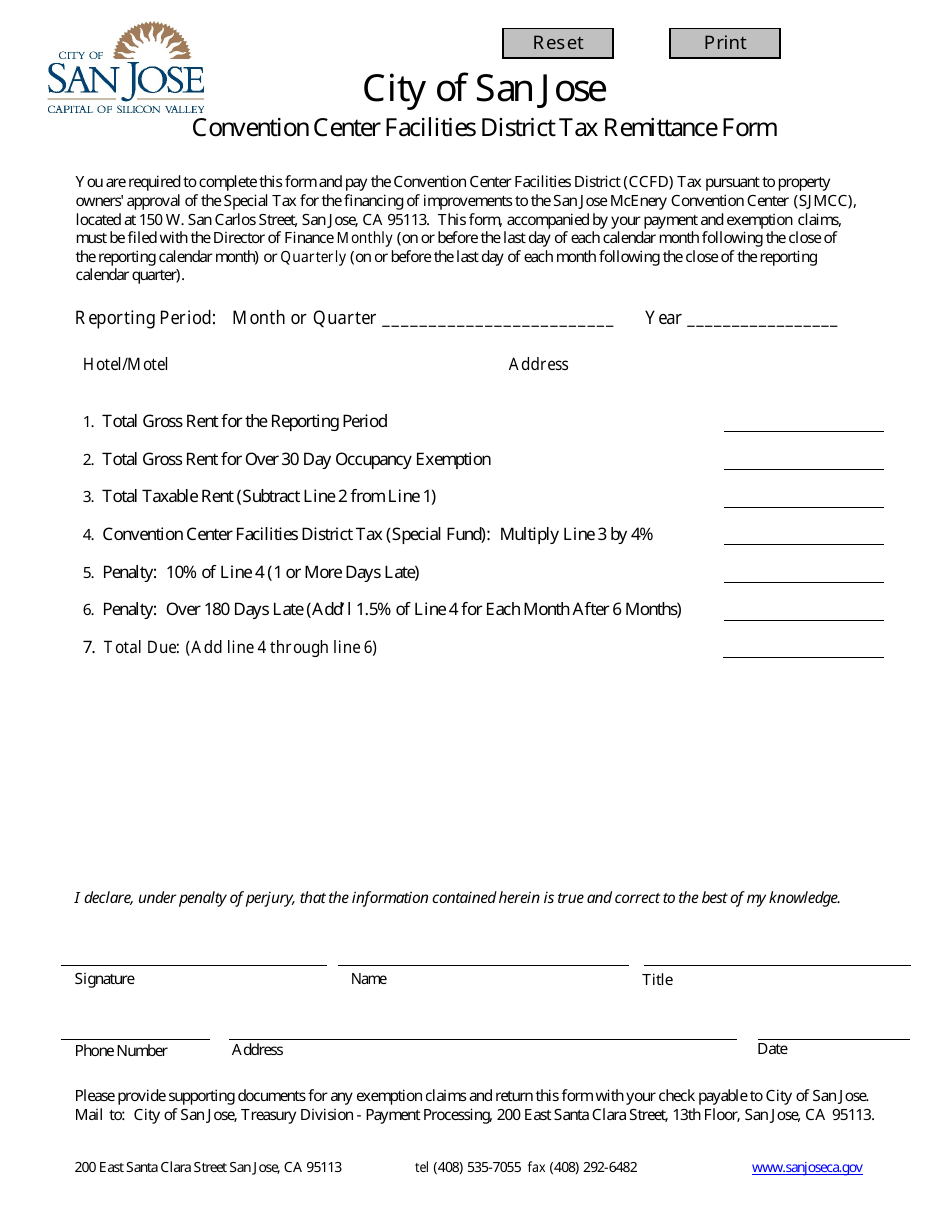 Convention Center Facilities District Tax Remittance Form - City of San Jose, California, Page 1