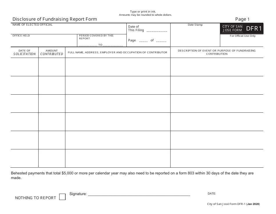 Form DFR1 Disclosure of Fundraising Report Form - City of San Jose, California, Page 1