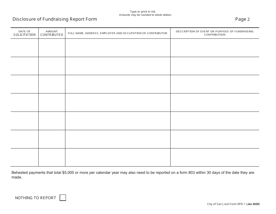 Form DFR1 Disclosure of Fundraising Report Form - City of San Jose, California, Page 2