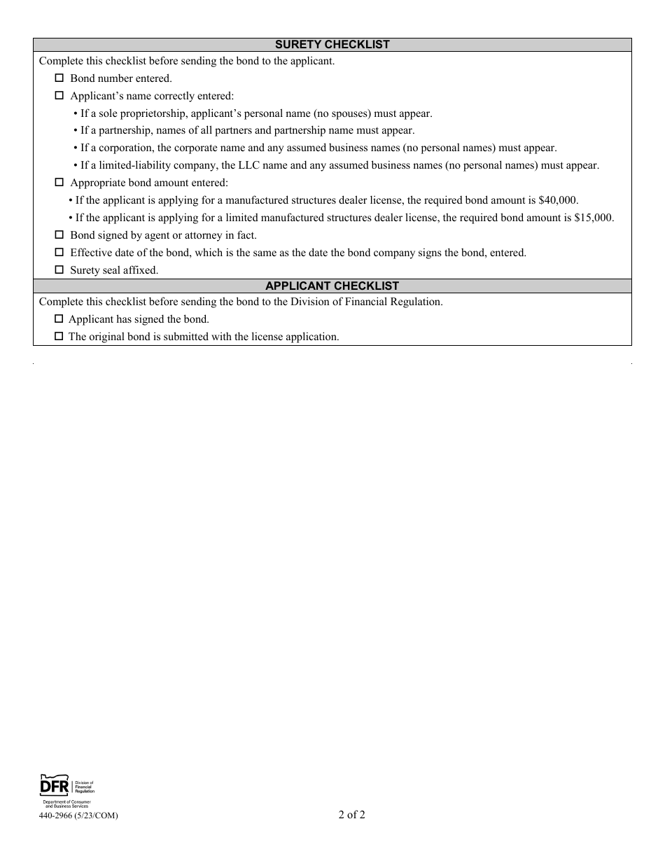 Form 440-2966 Manufactured Structures Dealer and Limited Manufactured Structures Dealer Surety Bond - Oregon, Page 2