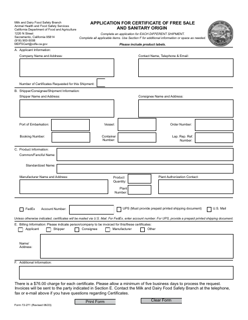 Form 72-271 Application for Certificate of Free Sale and Sanitary Origin - California