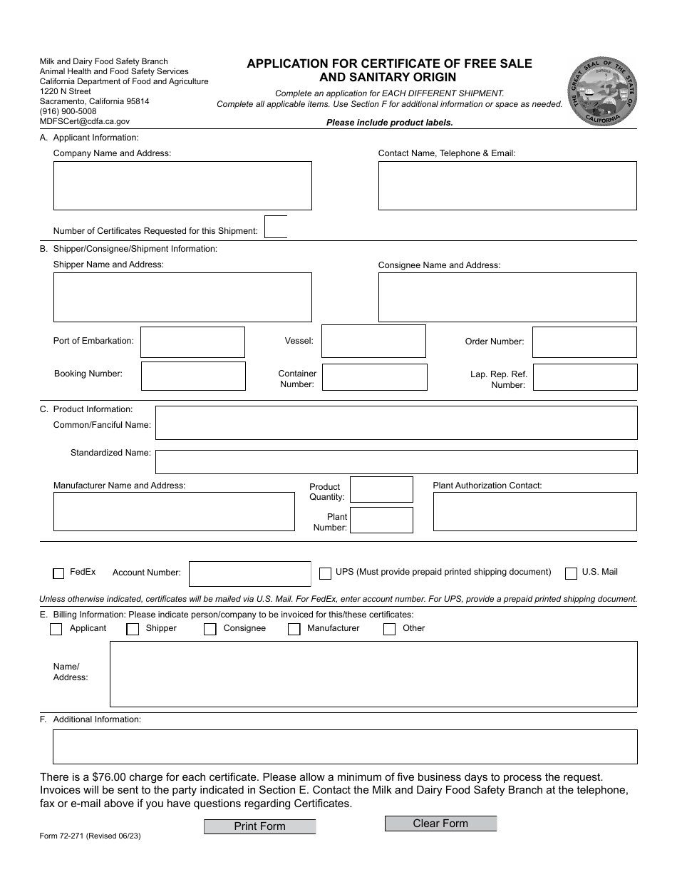 Form 72-271 Application for Certificate of Free Sale and Sanitary Origin - California, Page 1