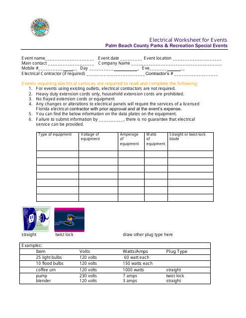 Electrical Worksheet for Events - Palm Beach County, Florida