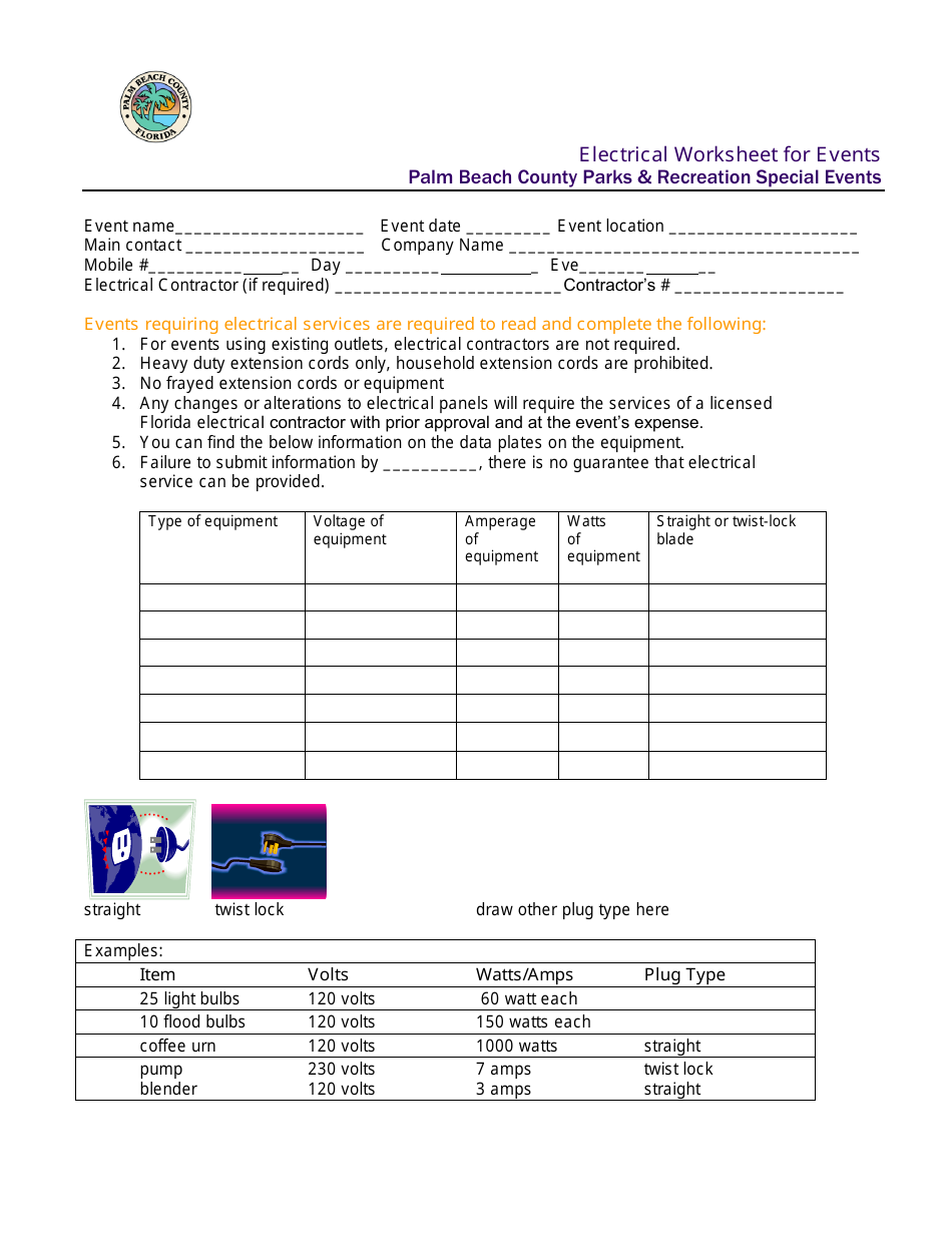 Electrical Worksheet for Events - Palm Beach County, Florida, Page 1