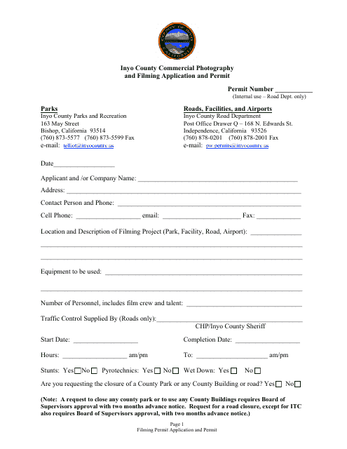 Inyo County Commercial Photography and Filming Application and Permit - Inyo County, California Download Pdf