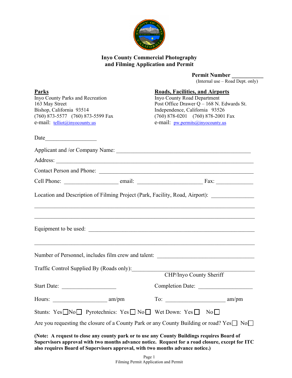 Inyo County Commercial Photography and Filming Application and Permit - Inyo County, California, Page 1