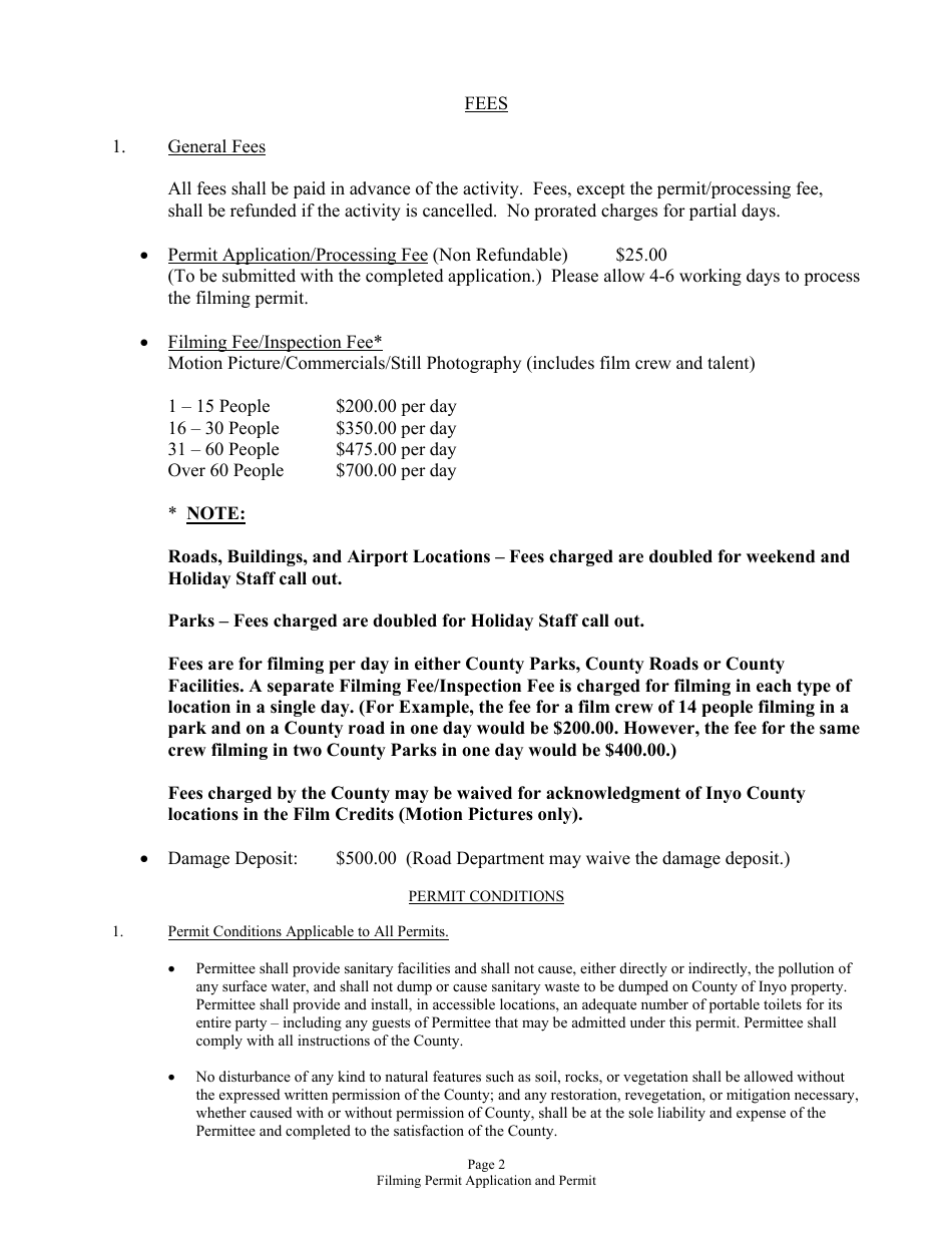 Inyo County Commercial Photography and Filming Application and Permit - Inyo County, California, Page 2