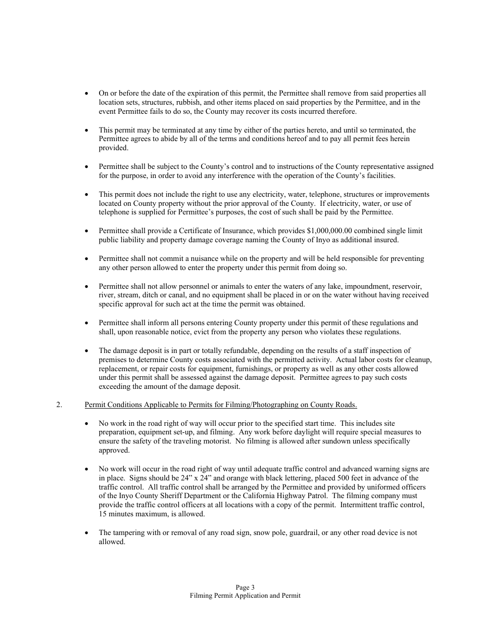 Inyo County Commercial Photography and Filming Application and Permit - Inyo County, California, Page 3