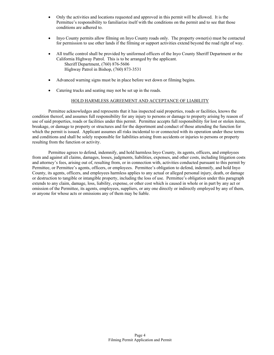 Inyo County Commercial Photography and Filming Application and Permit - Inyo County, California, Page 4