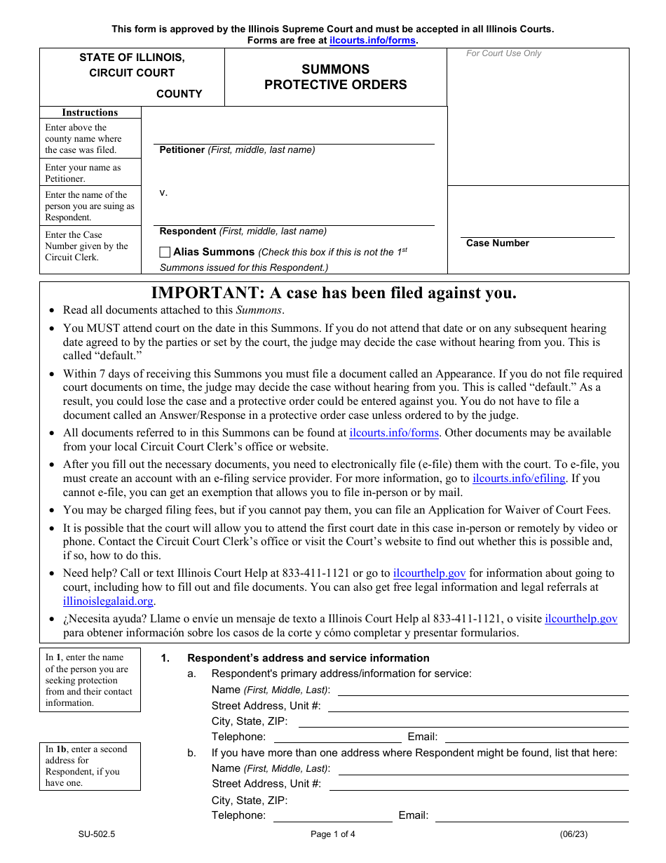 Form SU-502.5 Summons - Protective Orders - Illinois, Page 1