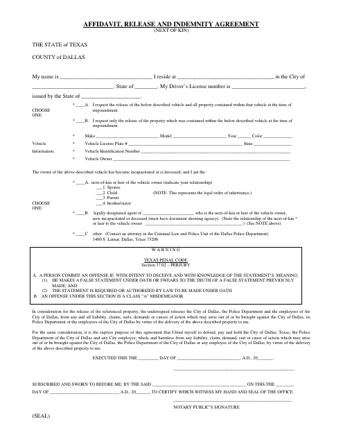 Affidavit, Release and Indemnity Agreement (Next of Kin) - City of Dallas, Texas Download Pdf