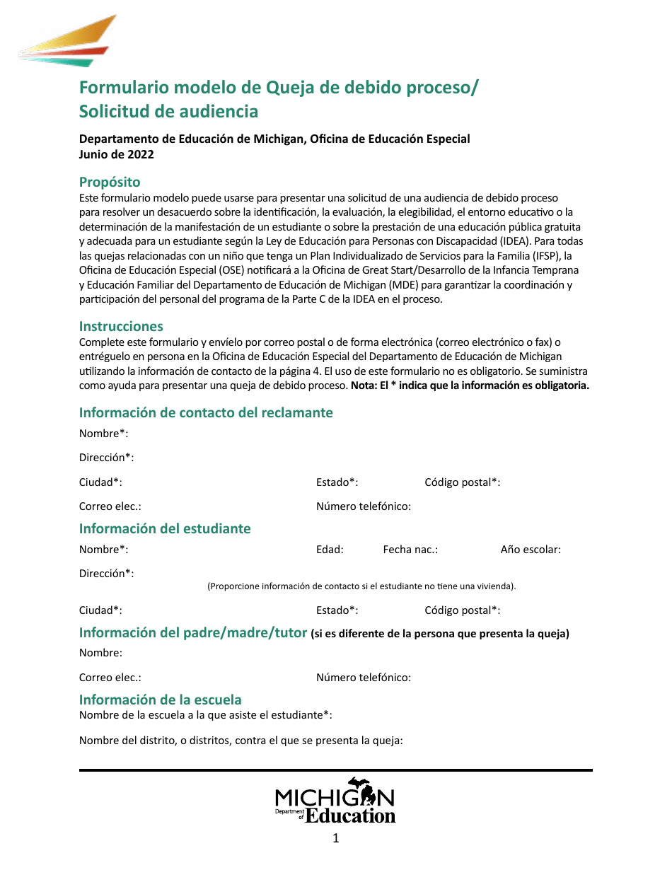 Formulario Modelo De Queja De Debido Proceso / Solicitud De Audiencia - Michigan (Spanish), Page 1