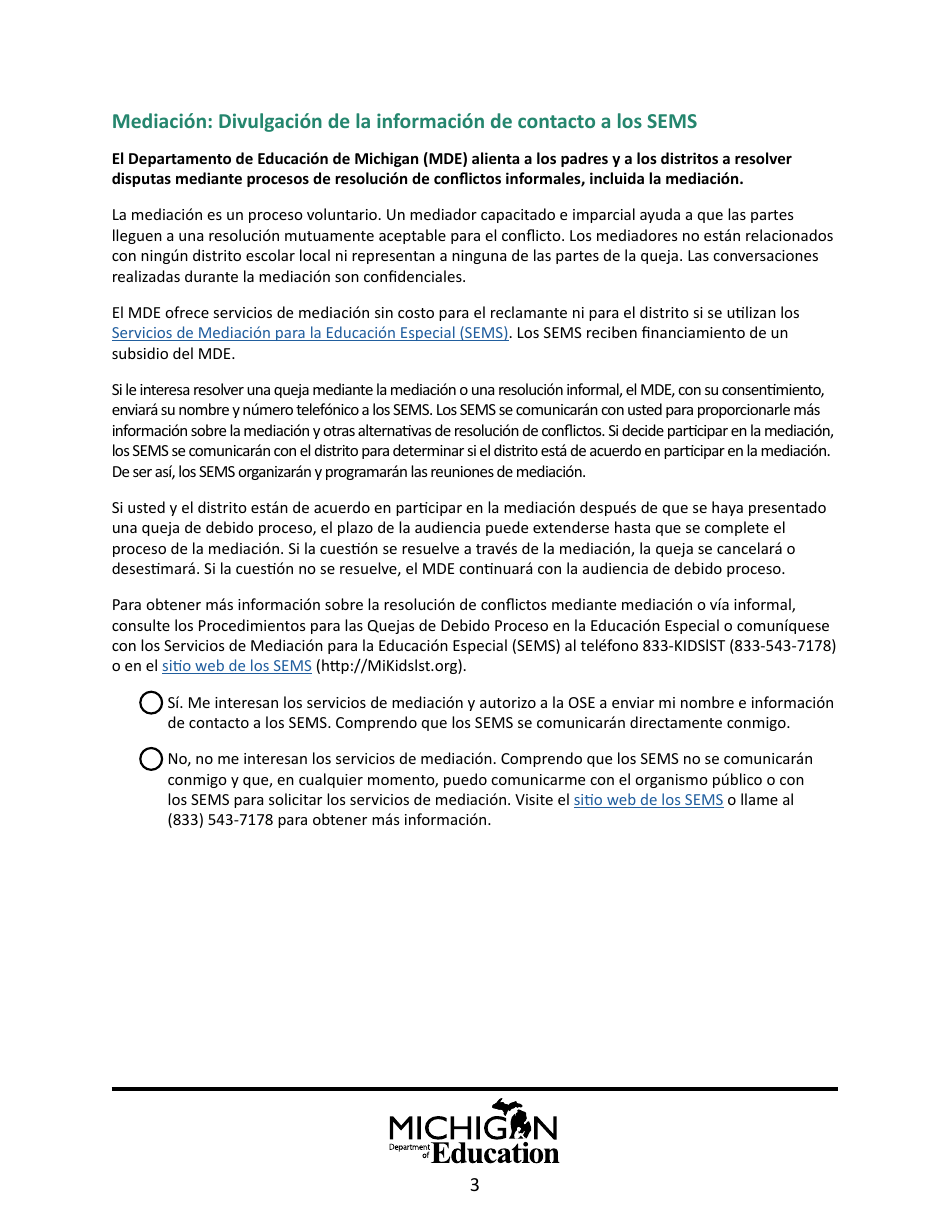 Formulario Modelo De Queja De Debido Proceso / Solicitud De Audiencia - Michigan (Spanish), Page 3