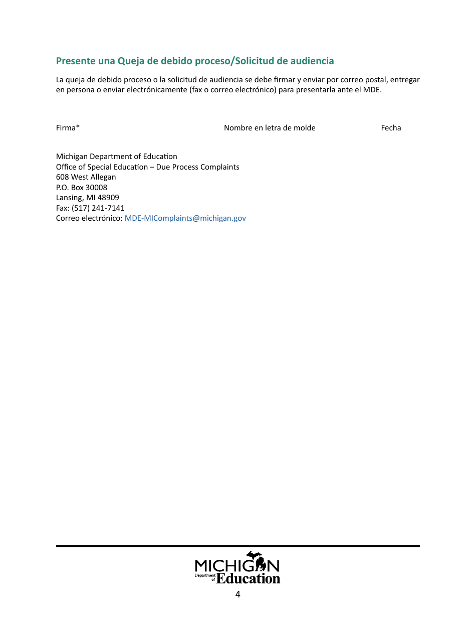 Formulario Modelo De Queja De Debido Proceso / Solicitud De Audiencia - Michigan (Spanish), Page 4