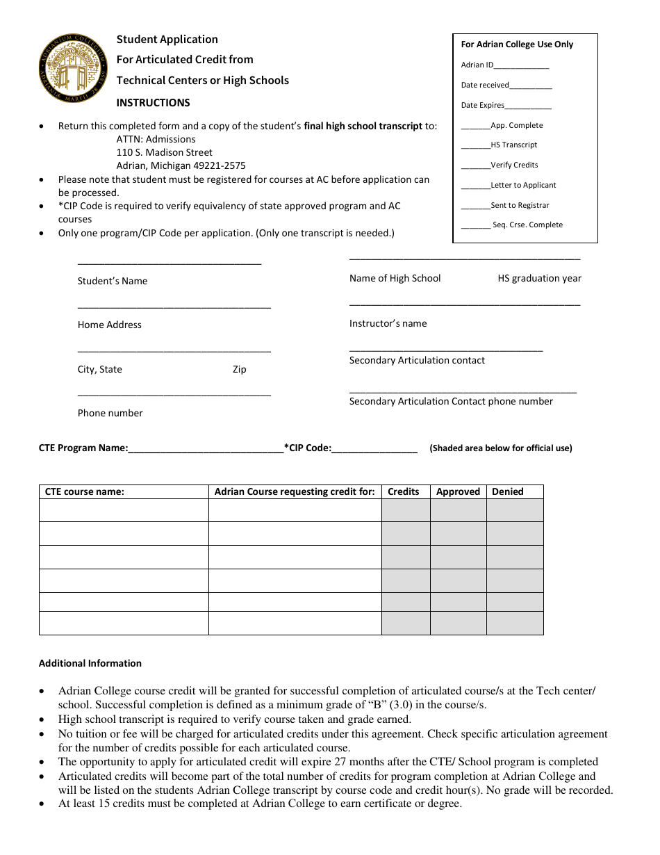 Student Application for Articulated Credit From Technical Centers or High Schools - Michigan, Page 1