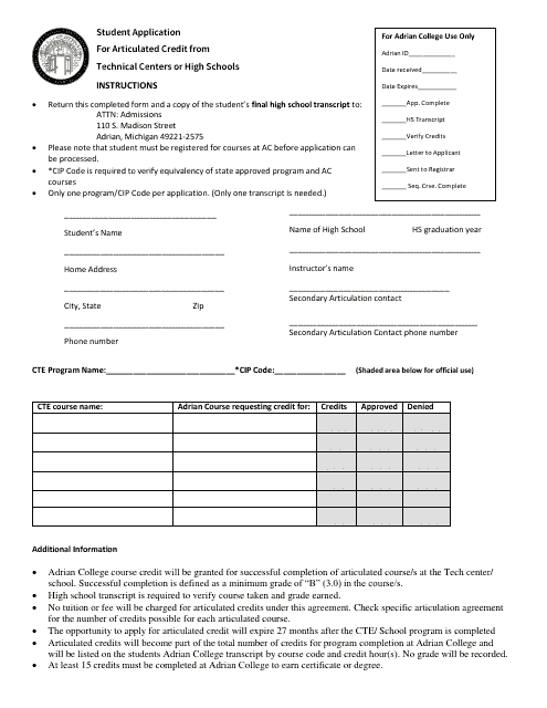 Student Application for Articulated Credit From Technical Centers or High Schools - Michigan Download Pdf