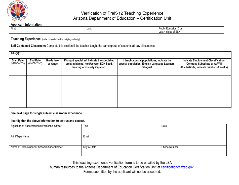 Verification of Prek-12 Teaching Experience - Arizona, Page 2