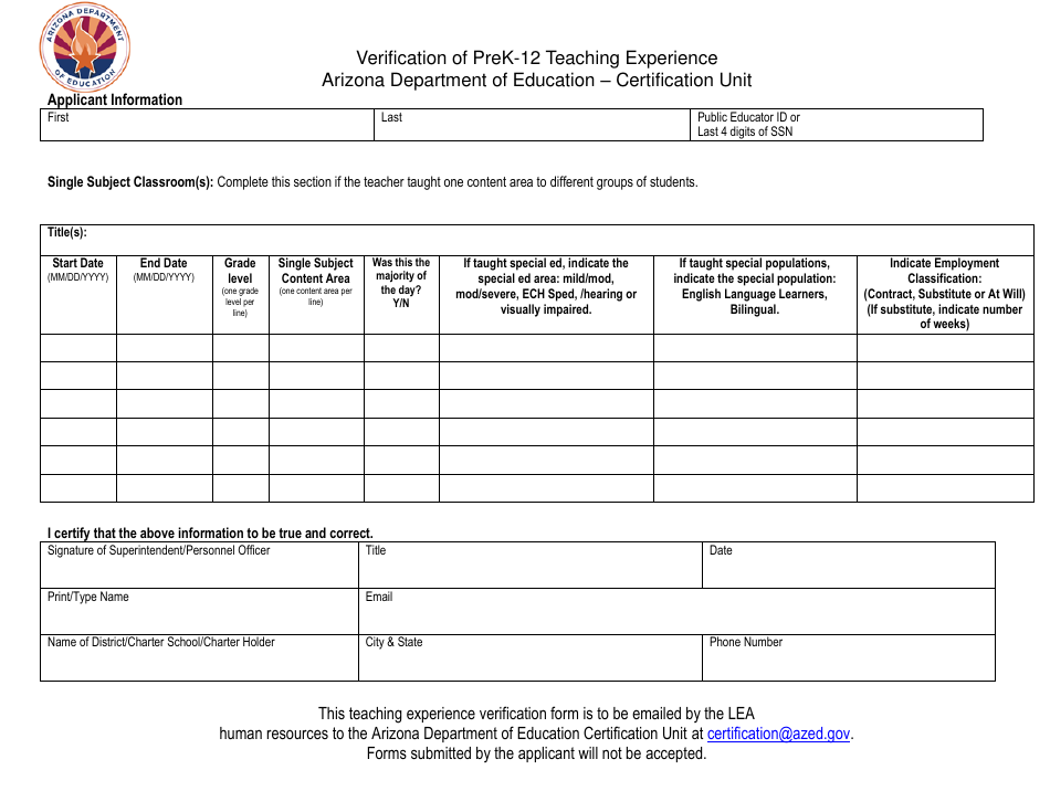 Verification of Prek-12 Teaching Experience - Arizona, Page 3