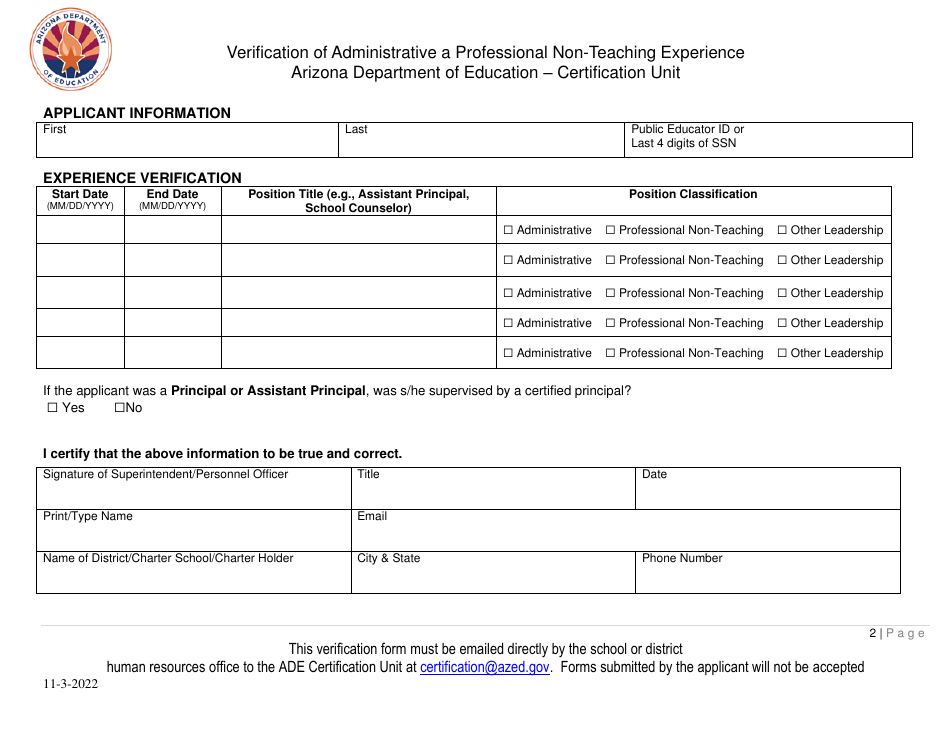 Arizona Verification of Administrative a Professional Non teaching