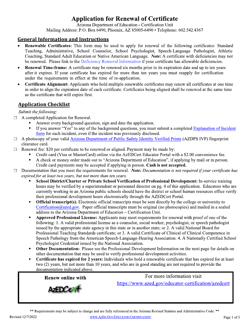 Arizona Application for Renewal of Certificate Download Printable PDF