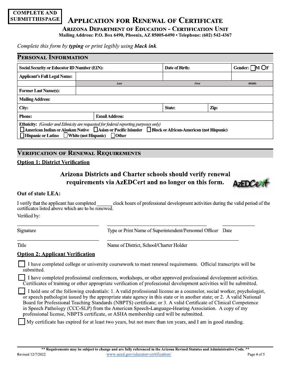 Application for Renewal of Certificate - Arizona, Page 4