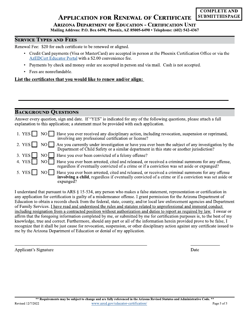 Application for Renewal of Certificate - Arizona, Page 5