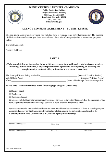 KREC Form 401B Agency Consent Agreement - Buyer/Lessee - Kentucky