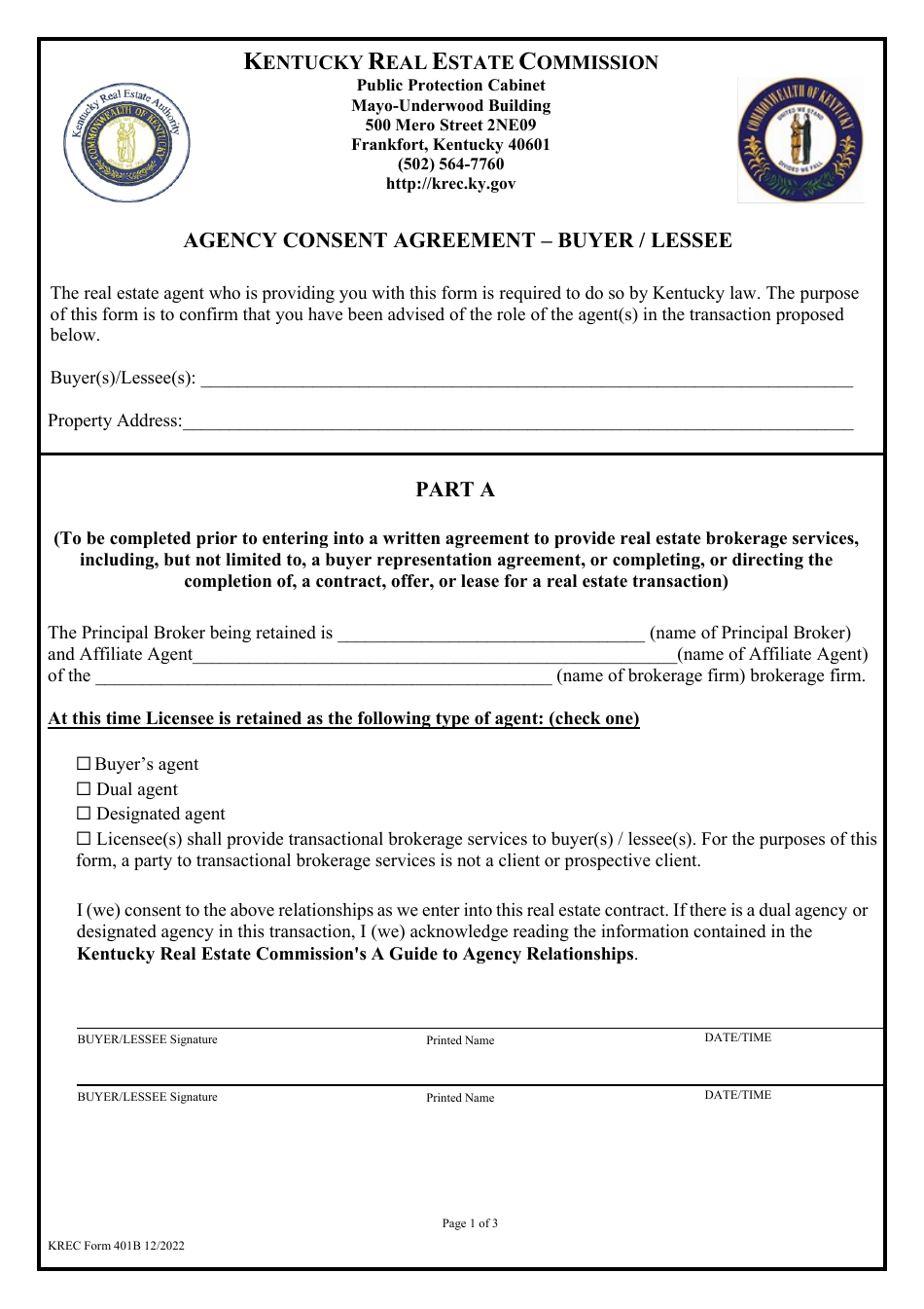KREC Form 401B Agency Consent Agreement - Buyer / Lessee - Kentucky, Page 1