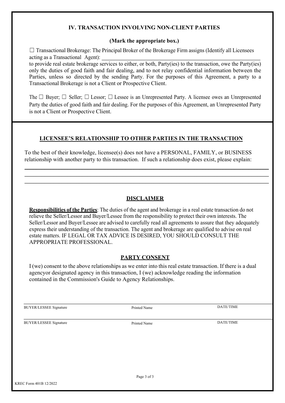 KREC Form 401B Agency Consent Agreement - Buyer / Lessee - Kentucky, Page 3