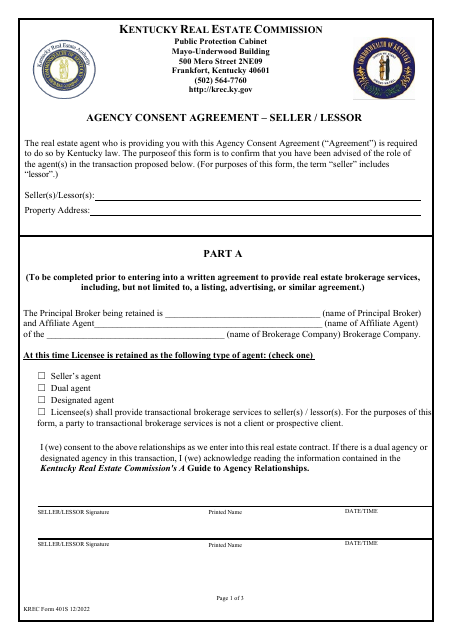 KREC Form 401S Agency Consent Agreement - Seller/Lessor - Kentucky