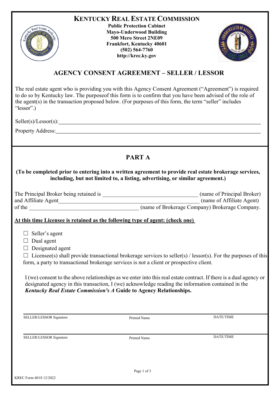 KREC Form 401S Agency Consent Agreement - Seller / Lessor - Kentucky, Page 1