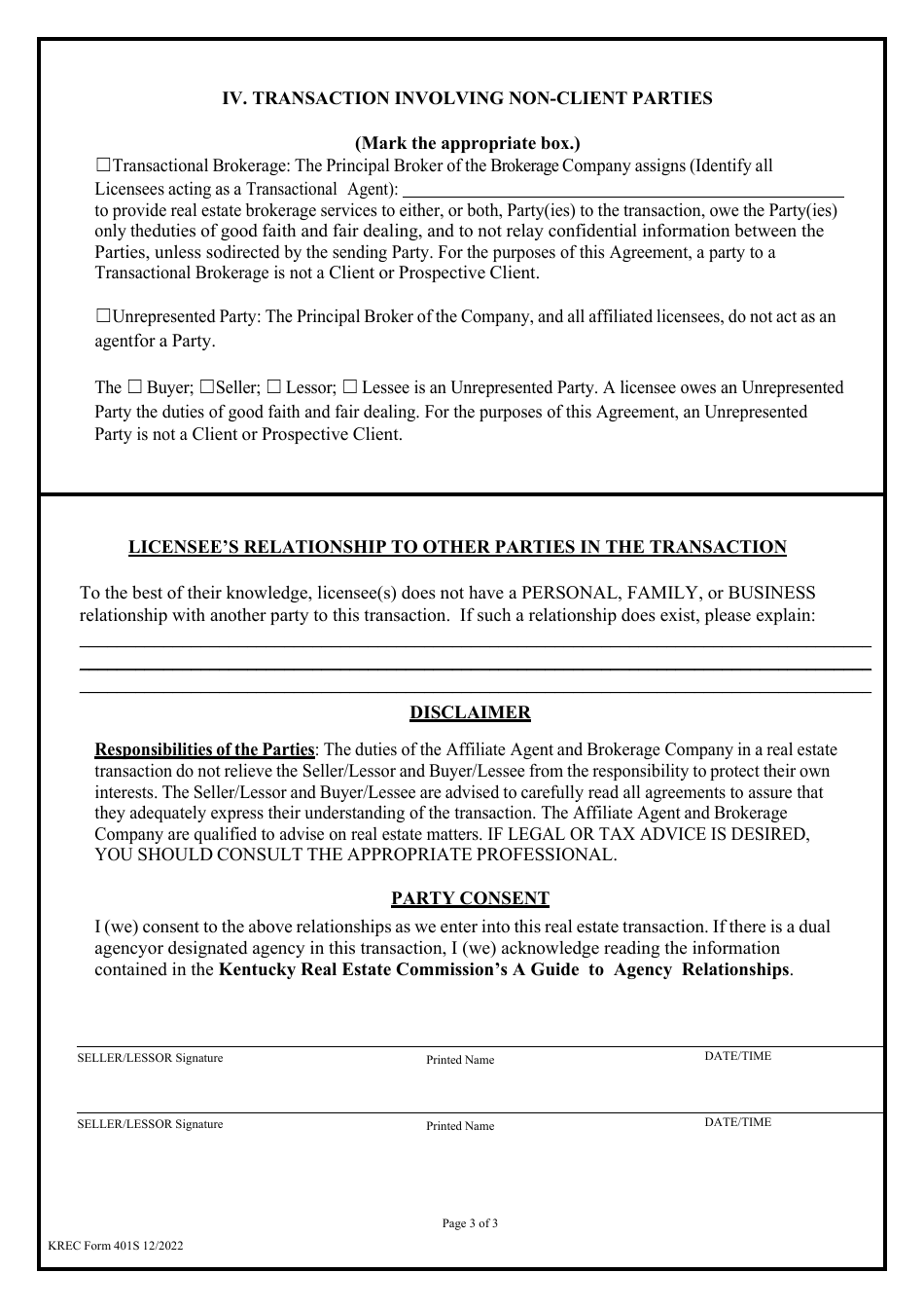 KREC Form 401S Agency Consent Agreement - Seller / Lessor - Kentucky, Page 3
