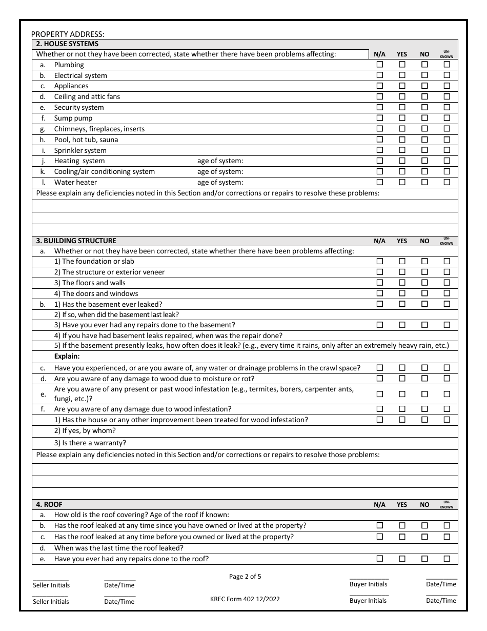 KREC Form 402 Download Printable PDF or Fill Online Seller's Disclosure ...