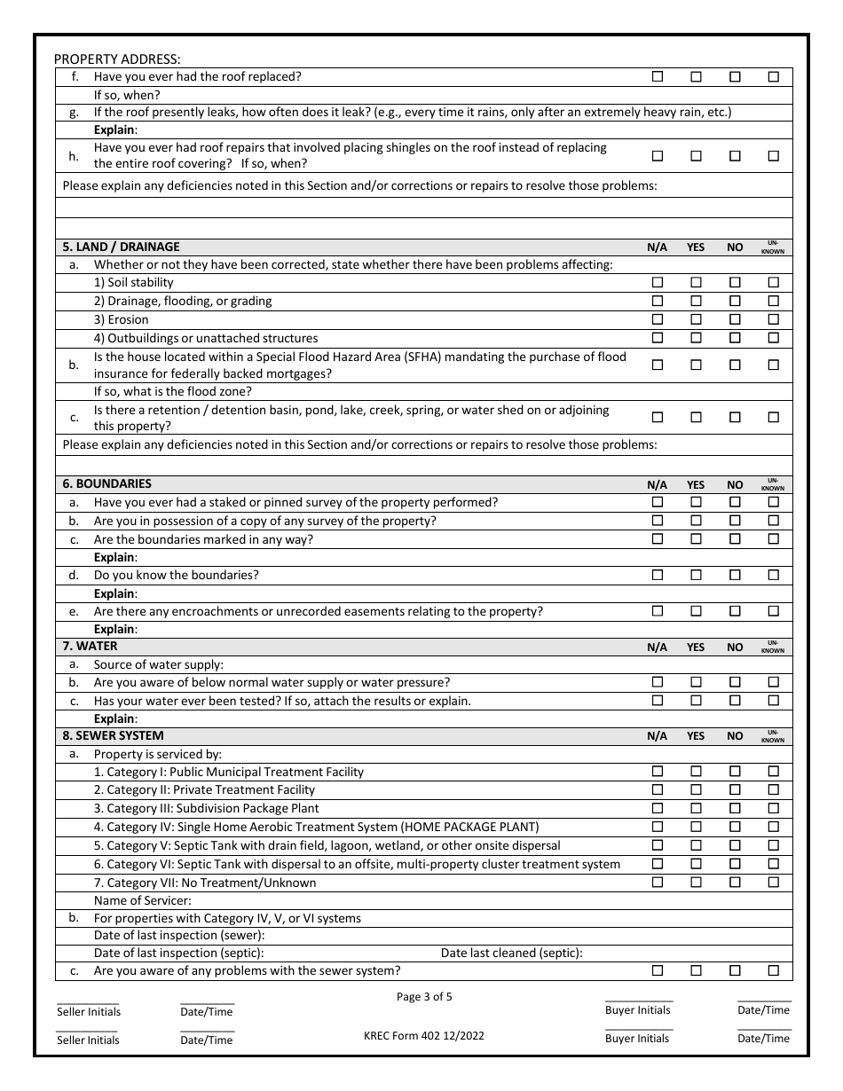 KREC Form 402 Download Printable PDF or Fill Online Seller's Disclosure ...