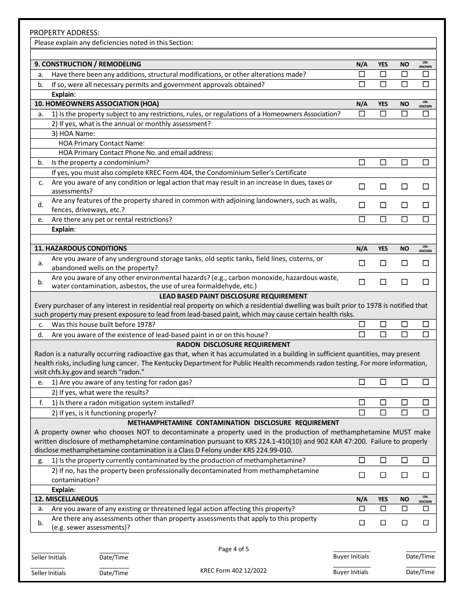 KREC Form 402 Download Printable PDF or Fill Online Seller's Disclosure ...