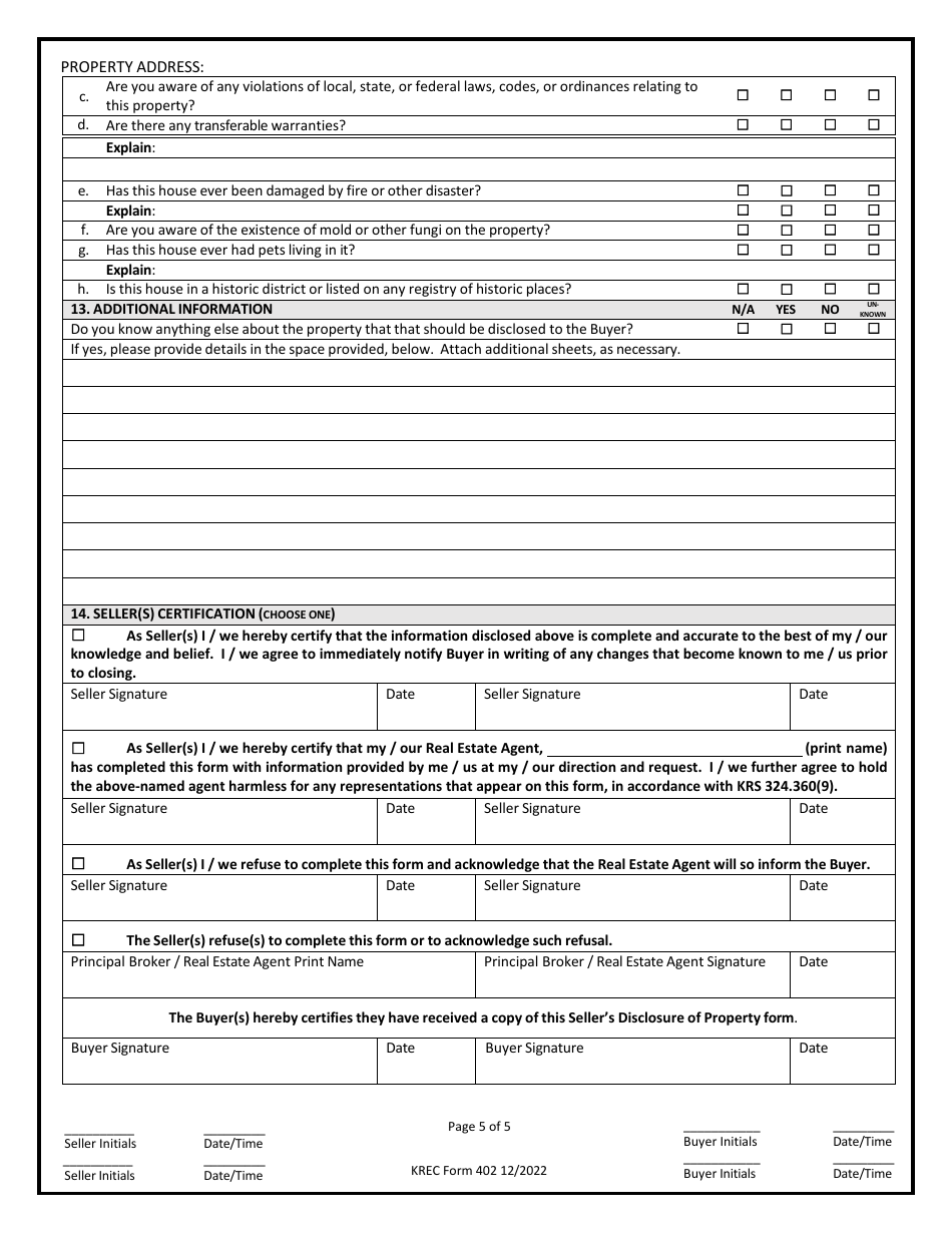 KREC Form 402 Download Printable PDF or Fill Online Seller's Disclosure ...