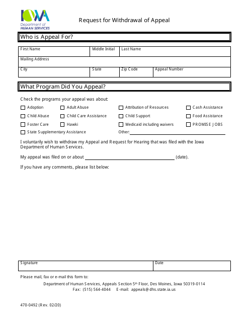 Form 470-0492 Request for Withdrawal of Appeal - Iowa